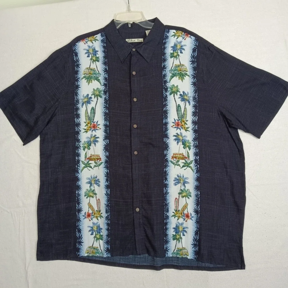 Batik Bay Mens XXL Black Tropical Woodie Wagon Surfer Palm‎ Tree Hawaii Shirt